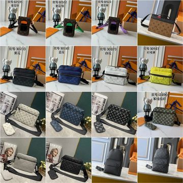 Grid of small square cross-body pouches with front pockets in several colours