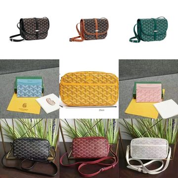 Collage of printed coated-canvas flap cross-body bags in black, tan, green, yellow and red
