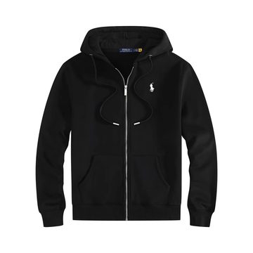 Black full-zip hoodie with drawcords and a small chest emblem