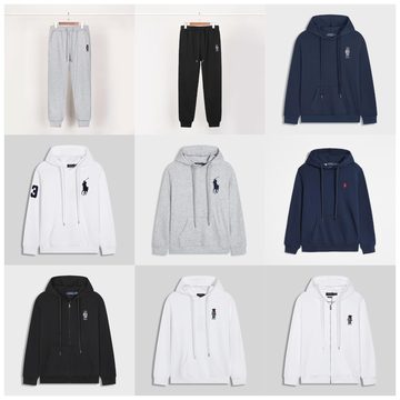 Grid of zip hoodies and joggers in grey, navy, white and black