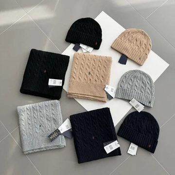 Cable-knit scarves and beanies in black, beige and grey