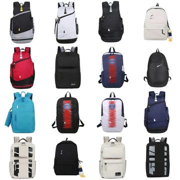 Grid of sixteen sporty zip backpacks in black, white, red, blue and grey