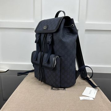 Navy coated-canvas backpack with a flap, two front pockets and a drawstring top