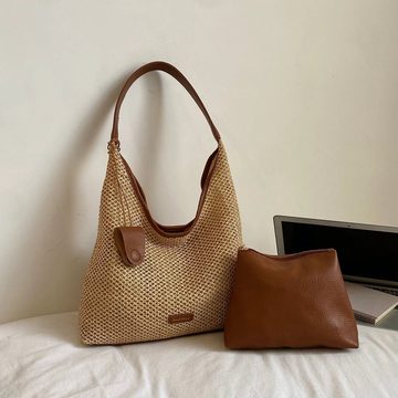 Woven straw shoulder bag with a brown leather-look strap next to a brown pouch