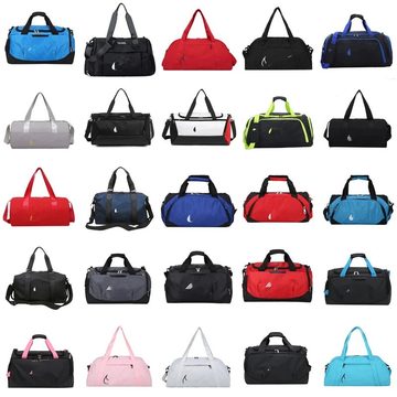 Grid of twenty-five sports duffel bags in many colours