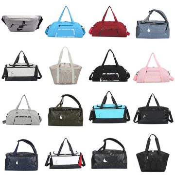 Grid of sixteen sports holdalls and duffels in assorted colours