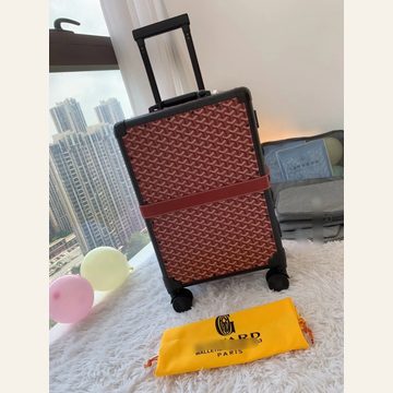 Red patterned hard-shell wheeled case beside a window