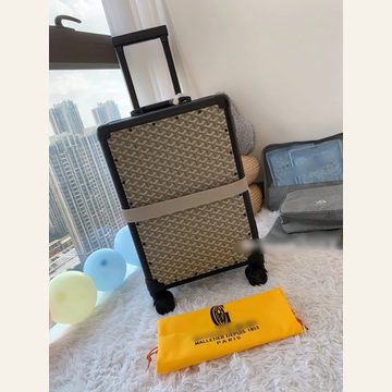 Upright hard-shell wheeled case with a printed front panel and a dust bag