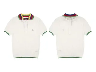 Two white knit polo tops with colored collars