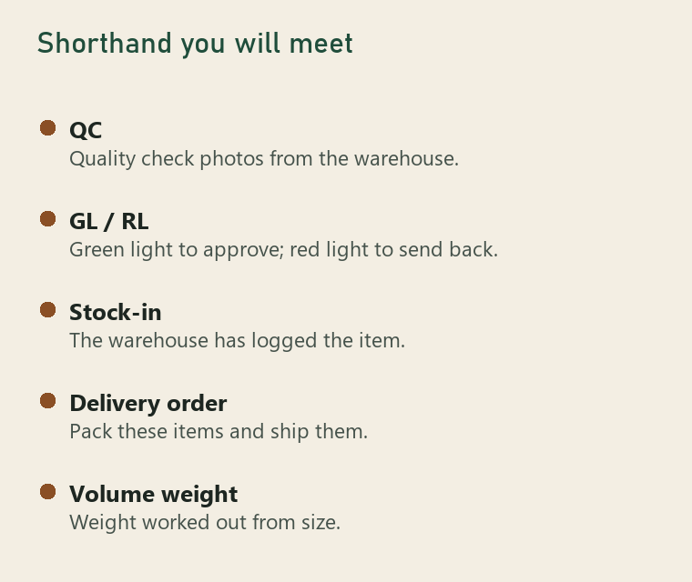Card of shorthand terms: QC, GL for green light, RL for red light, haul, stock-in, delivery order and volume weight