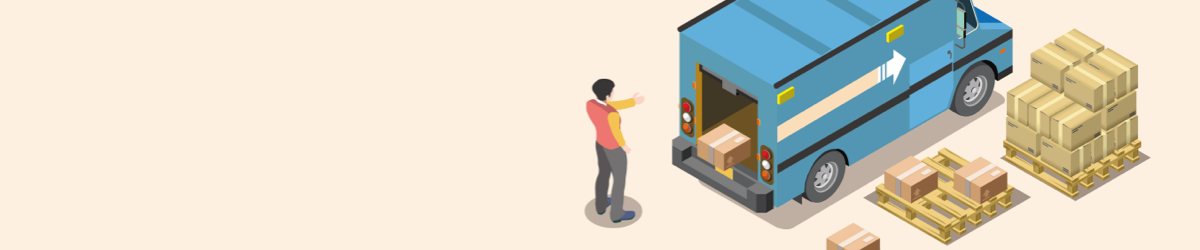 Illustration of a delivery van with parcels and a courier