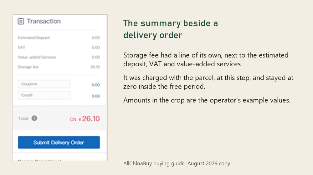 Cropped transaction summary from an AllChinaBuy delivery-order screen listing estimated deposit, VAT, value-added services, storage fee and a total, with a Submit Delivery Order button