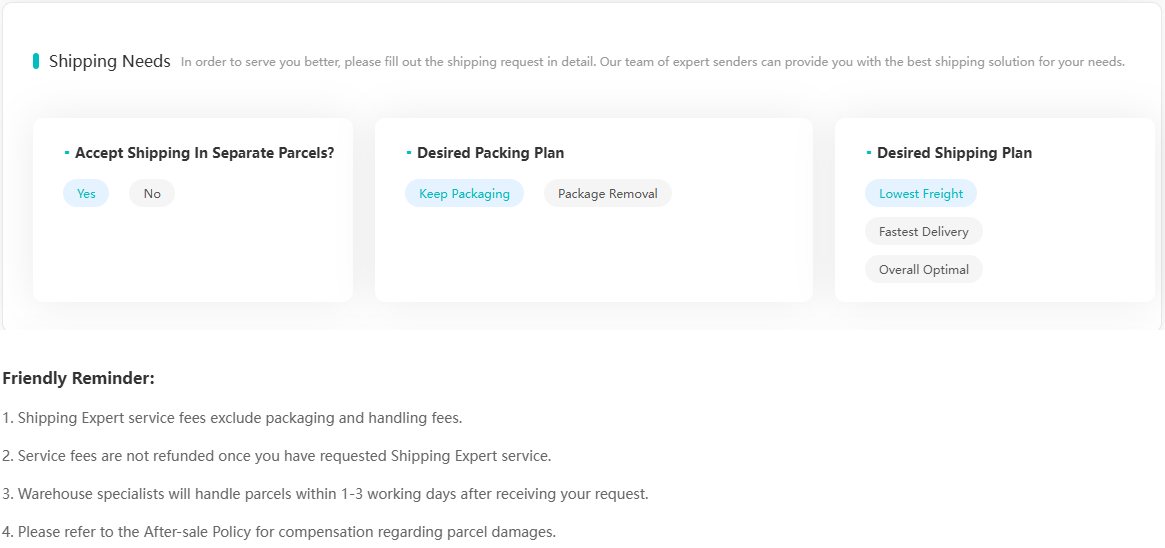 Cropped form with three option groups, accept shipping in separate parcels, desired packing plan with keep packaging or package removal, and desired shipping plan, above a list of reminder lines