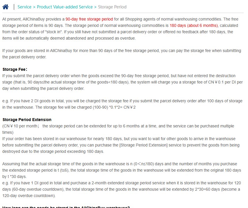 Cropped screenshot of an AllChinaBuy help article headed Storage Period, with the 90-day free period and 180-day limit marked in red