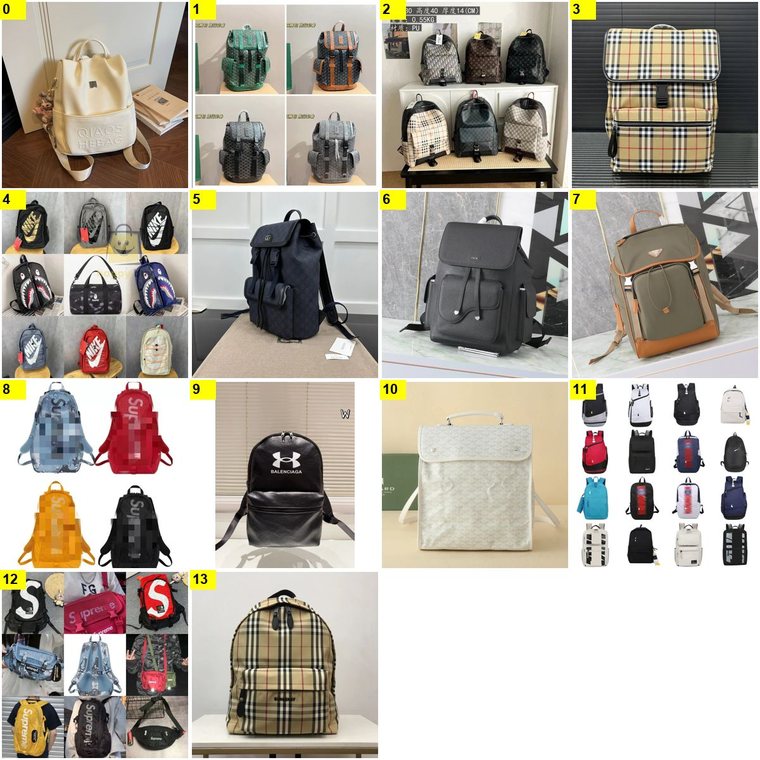 Numbered photo grid of fourteen rucksack candidates with yellow index numbers
