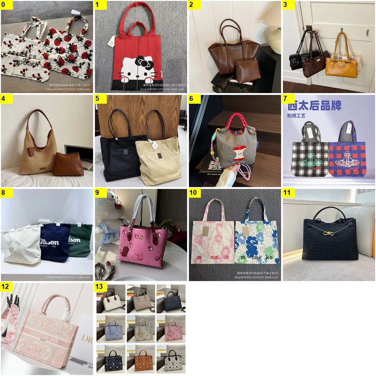 Numbered photo grid of fourteen tote candidates with yellow index numbers, used to choose entries for the tote rail