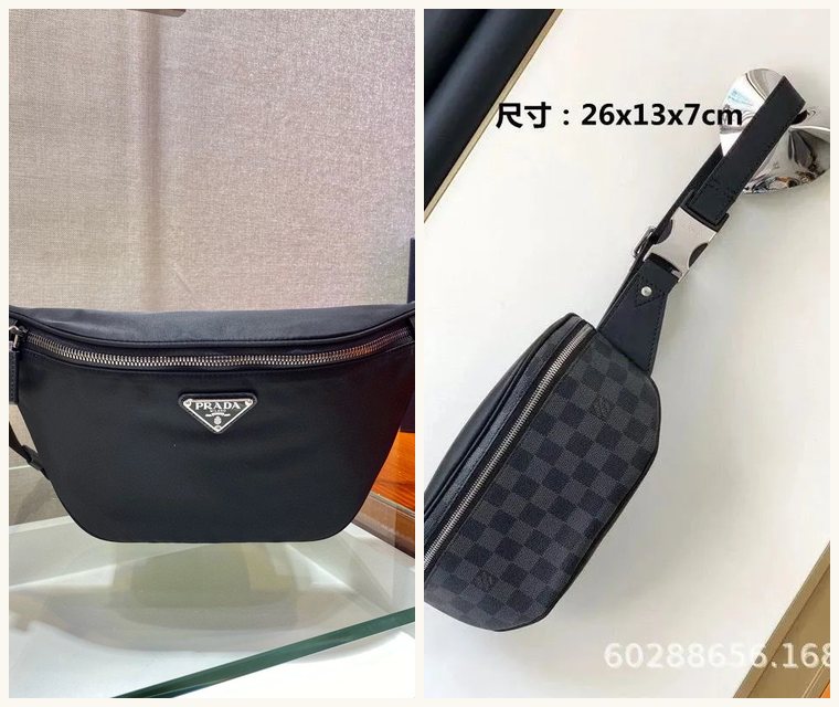 Two belt bag photos side by side: a black nylon belt bag with a metal plate and a dark checkerboard belt bag with grey webbing