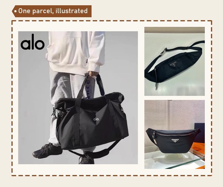 Illustration of a parcel outline holding a holdall photo with a belt bag and a sling tucked beside it