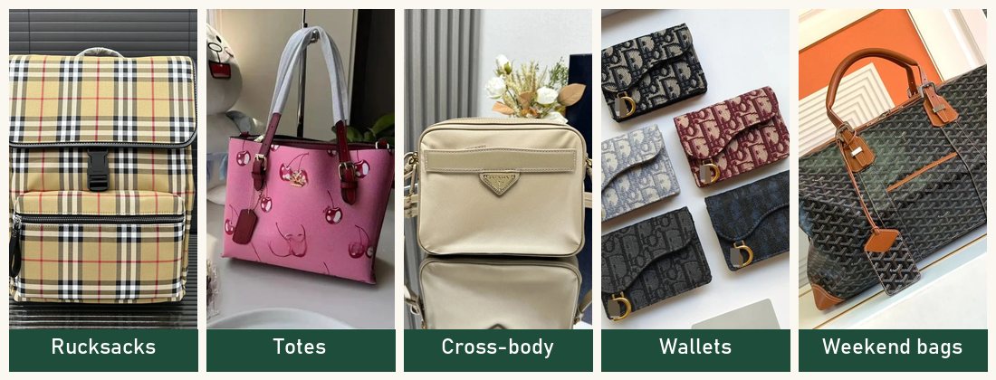 Five bag photos side by side, one from each rail: a rucksack, a tote, a cross-body bag, a wallet and a holdall, each labelled with its rail name