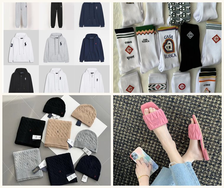 Four product photos from other shelves: a grid of sweatshirts, patterned crew socks, scarves with beanies and a pair of slides