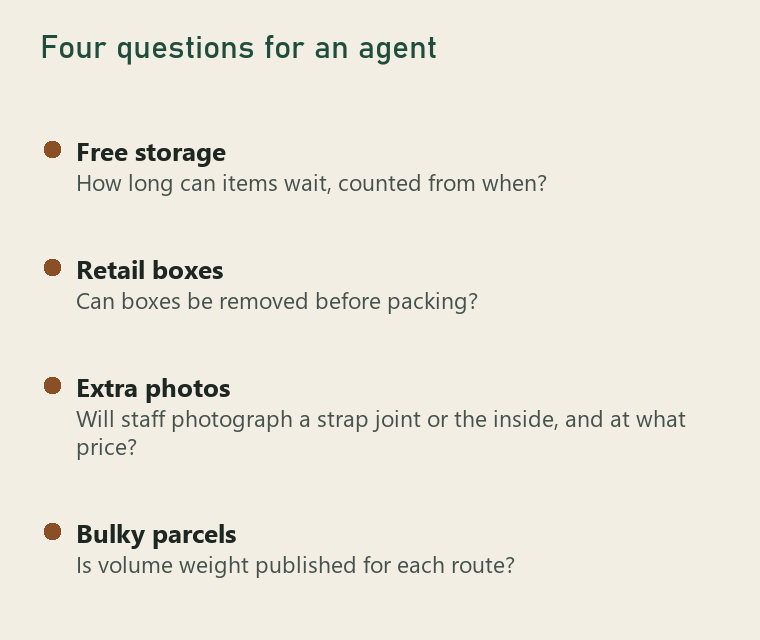 Card with four questions for an agent: free storage period, retail boxes, extra photos, and how bulky light parcels are charged