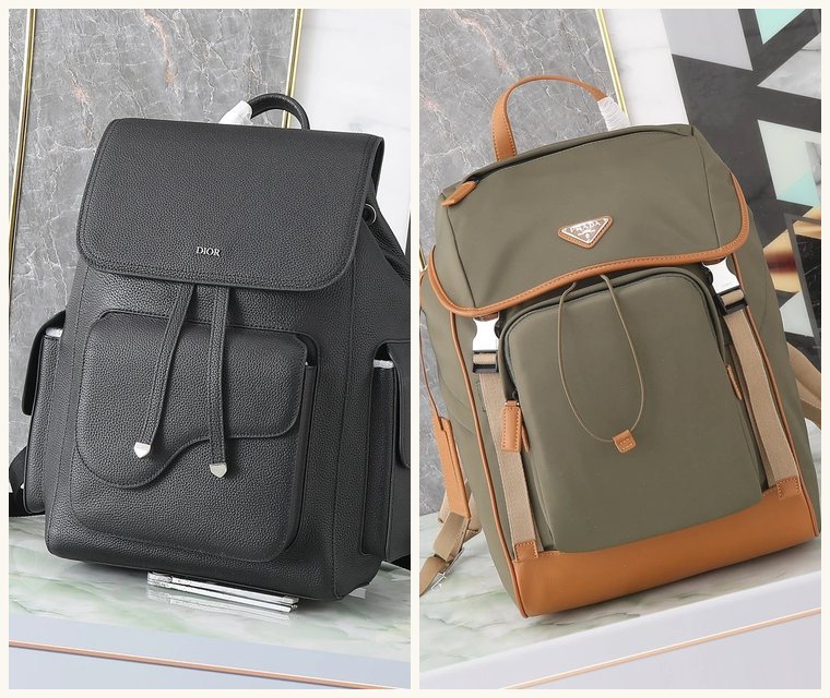 Two rucksack photos side by side: a black grained flap backpack and an olive nylon backpack with tan trim