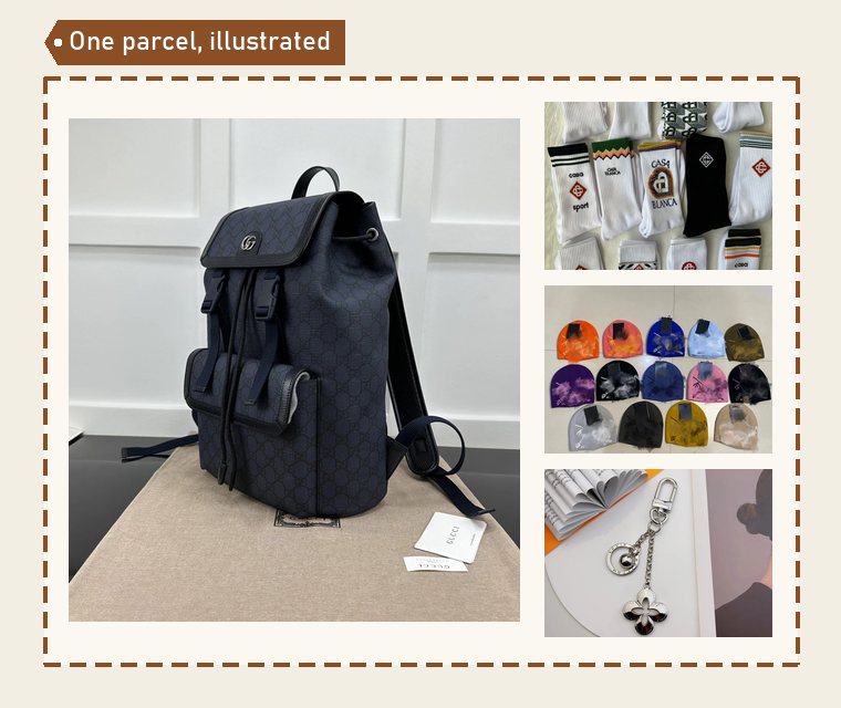 Illustration of a parcel outline holding a large rucksack photo with smaller photos of socks, a beanie and a key ring tucked around it