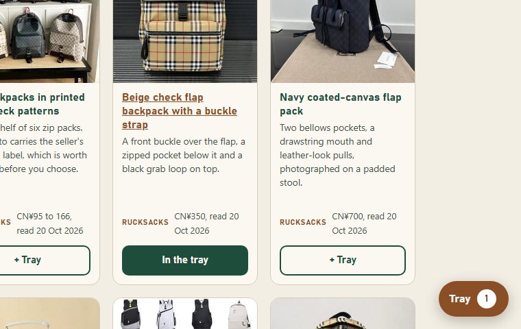 Screenshot of product cards on this site, one with its button showing In the tray, and the round tray tab with a count in the corner
