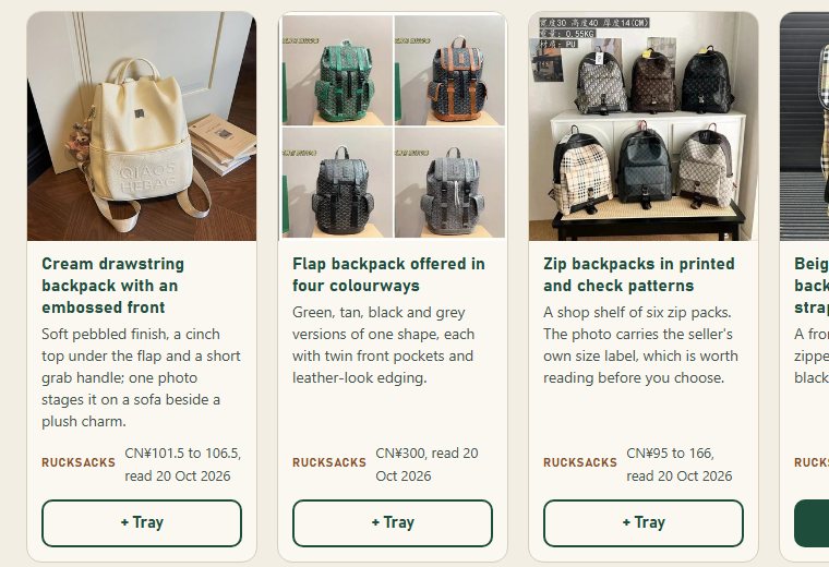 Screenshot of product cards on this site, each with a photo, title, note, shelf label, price with the date it was read and a + Tray button