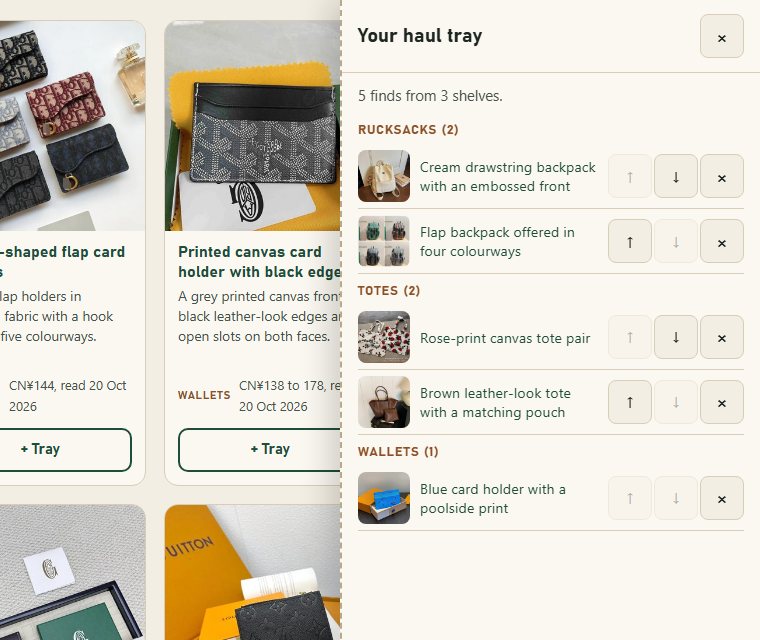 Screenshot of the haul tray drawer on this site, listing finds under shelf headings with counts and buttons to copy links, print the list or empty the tray