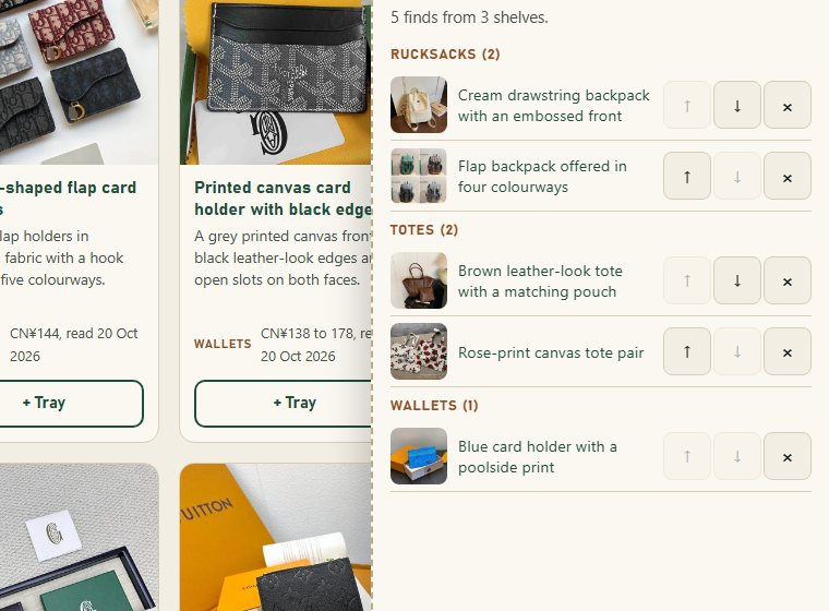 Screenshot of the haul tray drawer on this site listing finds grouped under Rucksacks, Totes and Wallets with counts