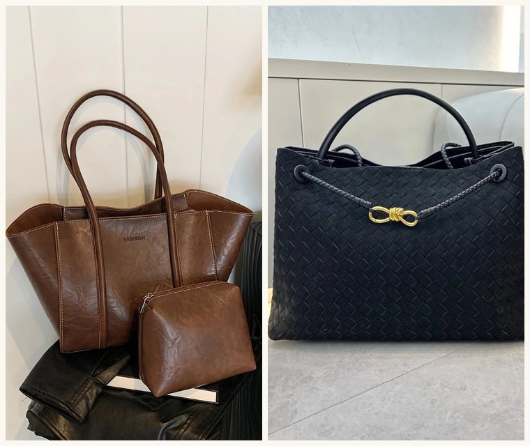 Two tote photos side by side: a brown leather-look tote with a small pouch, and a black woven tote with a gold knot clasp