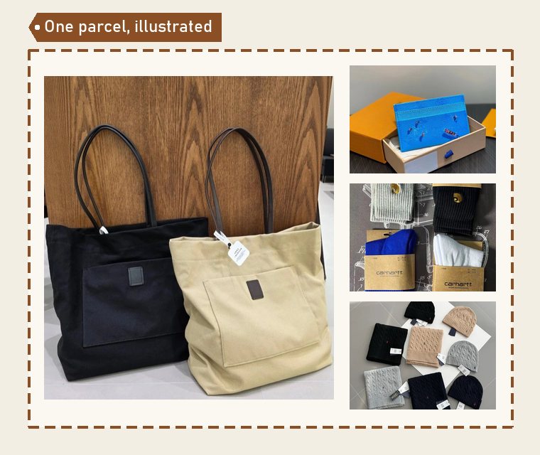 Illustration of a parcel outline holding a folded canvas tote photo with a wallet, socks and a scarf placed around it