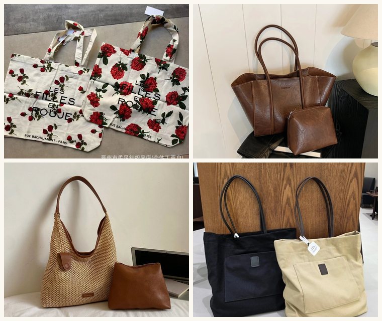Four totes from this rail in a grid: rose-print canvas totes, a brown tote with pouch, a woven straw shoulder bag and black and natural canvas totes