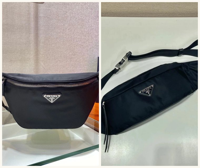Two belt bag listings side by side from different shops: a black nylon belt bag and a slim black nylon sling
