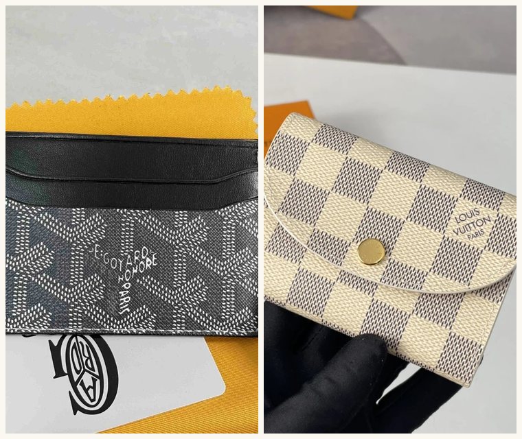 Two wallet photos side by side: a grey printed canvas card holder with black trim and a cream and grey check snap wallet