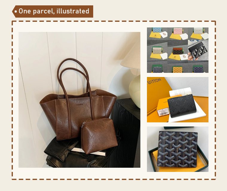 Illustration of a parcel outline holding a large tote photo with three small wallet photos tucked around it