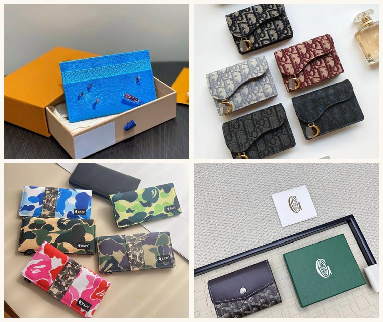 Four wallets from this rail in a grid: a blue card holder in an orange box, saddle-shaped flap card holders, camouflage long wallets and a black flap coin purse