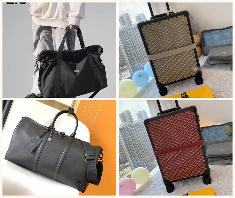 Four travel bags from this rail in a grid: a black nylon gym holdall, a printed hard-shell case, a dark grey holdall and a red patterned wheeled case