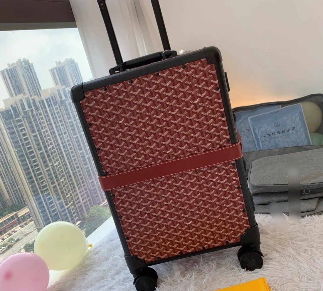 Upright red patterned hard-shell wheeled case with black trim, photographed beside a window with a dust bag in front