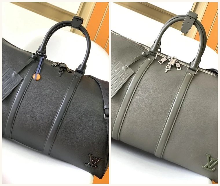 Two holdall photos side by side: a dark grey smooth holdall with a luggage tag and a grey-green smooth holdall with a tag
